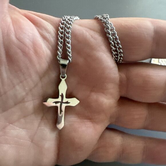 Stainless Steel Cross Pendant Scripture Silver Plated 24 Inch Chain Religious - Picture 5 of 6